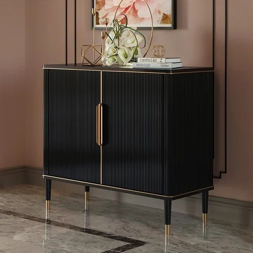 43.3" Modern Entryway Cabinet Black Accent Cabinet with 2 Doors 2 Shelves in Gold | Homary