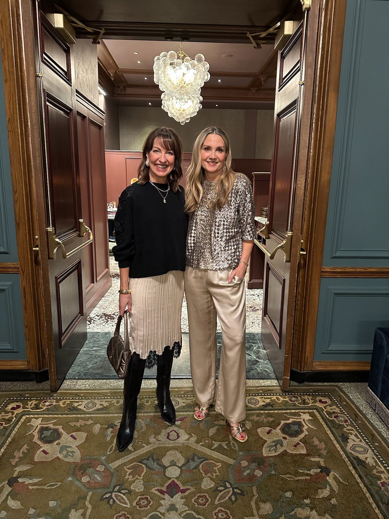 What we wore on a date night dinner: sanctuary skirt, Chicos sequin top, quince silk pants. Festive outfit idea for the holidays !

#LTKootd #LTKHoliday #LTKOver40