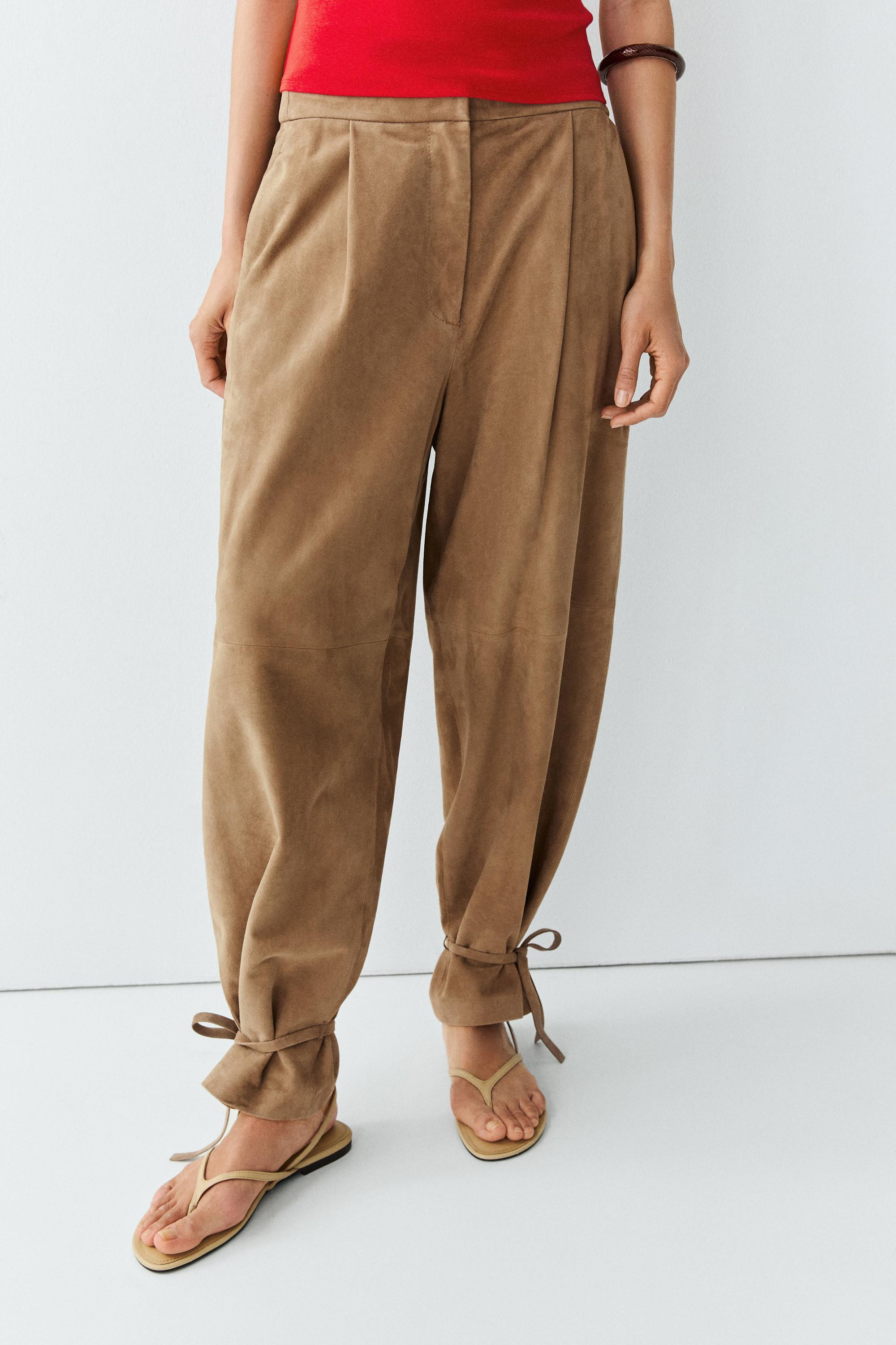 Suede leather pants with tie-detail hems | Massimo Dutti UK