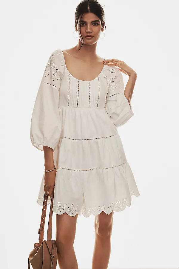 By Anthropologie Balloon-Sleeve Lace Scallop-Hem Romper | Anthropologie (US)