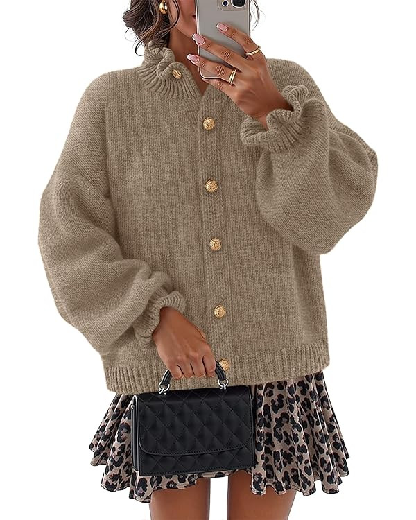 MEROKEETY Women's Fall 2025 Chunky Cardigan Sweaters Trendy Ruffle Button Down Long Sleeve Casual... | Amazon (US)