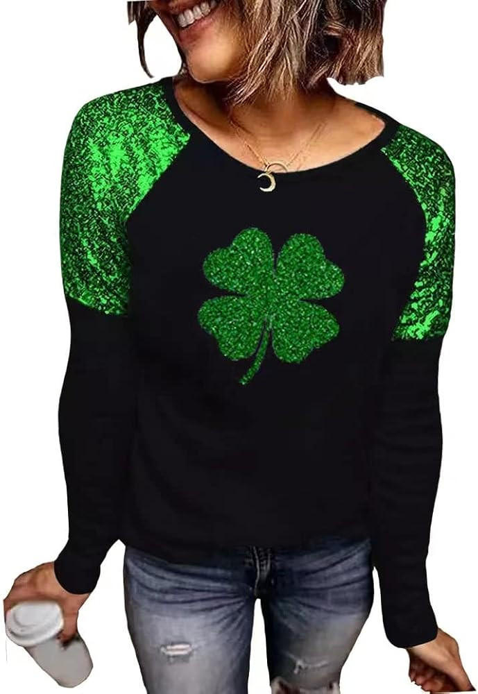 St. Patrick's Day T-Shirt Womens Funny Shamrock Printed Sequined Splicing Sleeve Casual Lucky Clo... | Amazon (US)