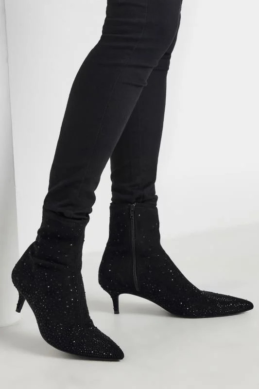 LTS Black Faux Suede Diamante Kitten Heeled Boots In Standard Fit | Long Tall Sally