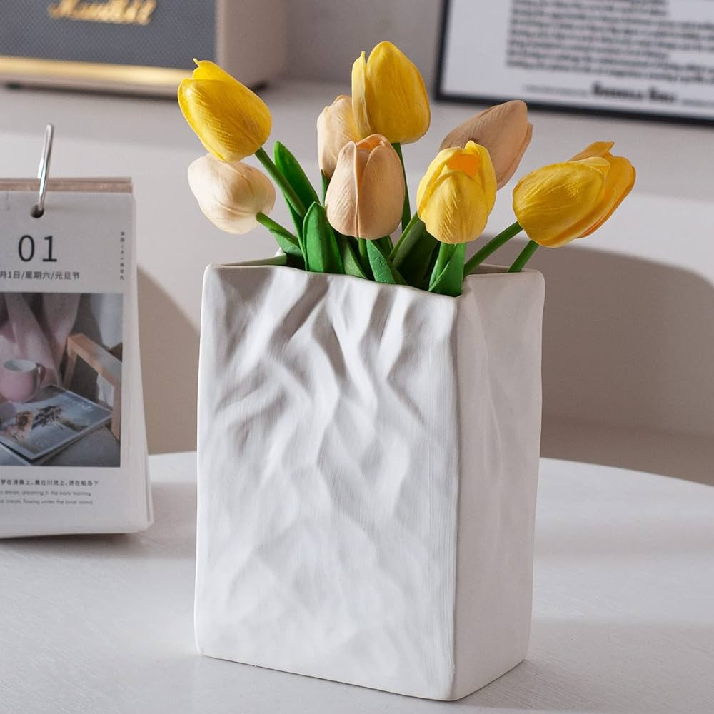 White Crinkle Paper Bag Ceramic Vase, Unique Square Wide Mouth Pleated Big Vases, Aesthetic Minim... | Amazon (US)