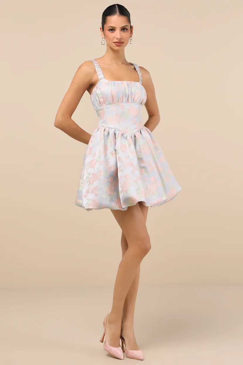 Sweet Charm Light Blue Jacquard Bubble-Hem Mini Dress | Lulus