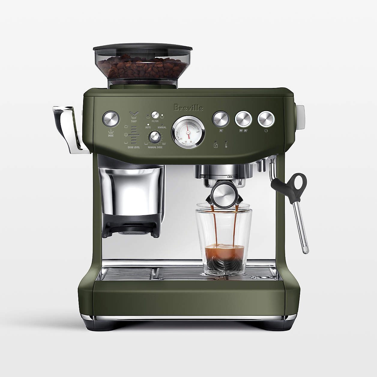 Breville Barista Express Impress Espresso Machine in Olive Tapenade + Reviews | Crate & Barrel | Crate & Barrel