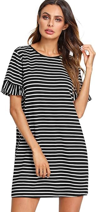 Floerns Women's Summer Casual Ruffle Short Sleeve Tunic Striped T-Shirt Dress | Amazon (US)