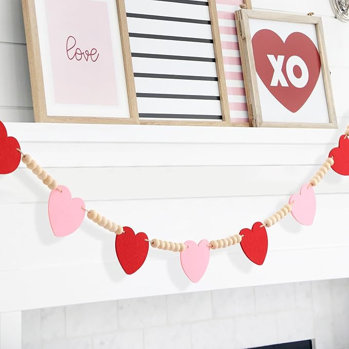 Valentines Day Decorations -Red Pink Felt Heart Wood Beads Garland for Valentines Decorations - F... | Amazon (US)