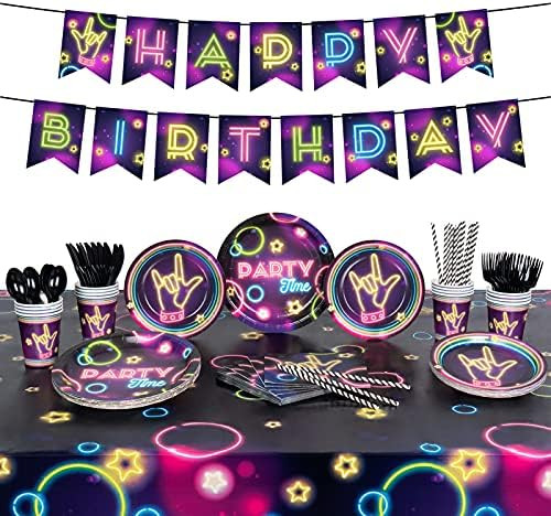 DECORLIFE Glow In The Dark Party Supplies Serves 16, Complete Pack Includes Neon Plates, Pre-strung  | Amazon (US)