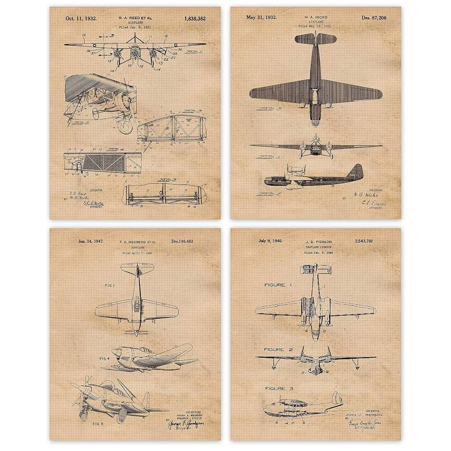 Vintage Propeller Airplane Patent Prints, 4 (8x10) Unframed Photos, Wall Art Decor Gifts Under 20... | Amazon (US)