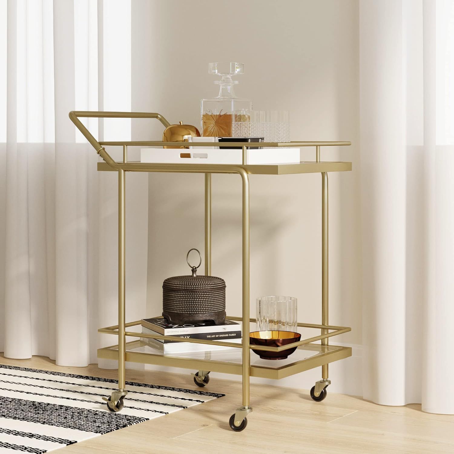 Nathan James Sally Rolling Bar or Cart for Tea or Cocktail, 2-Tiered Glass and Metal, Gold | Amazon (US)