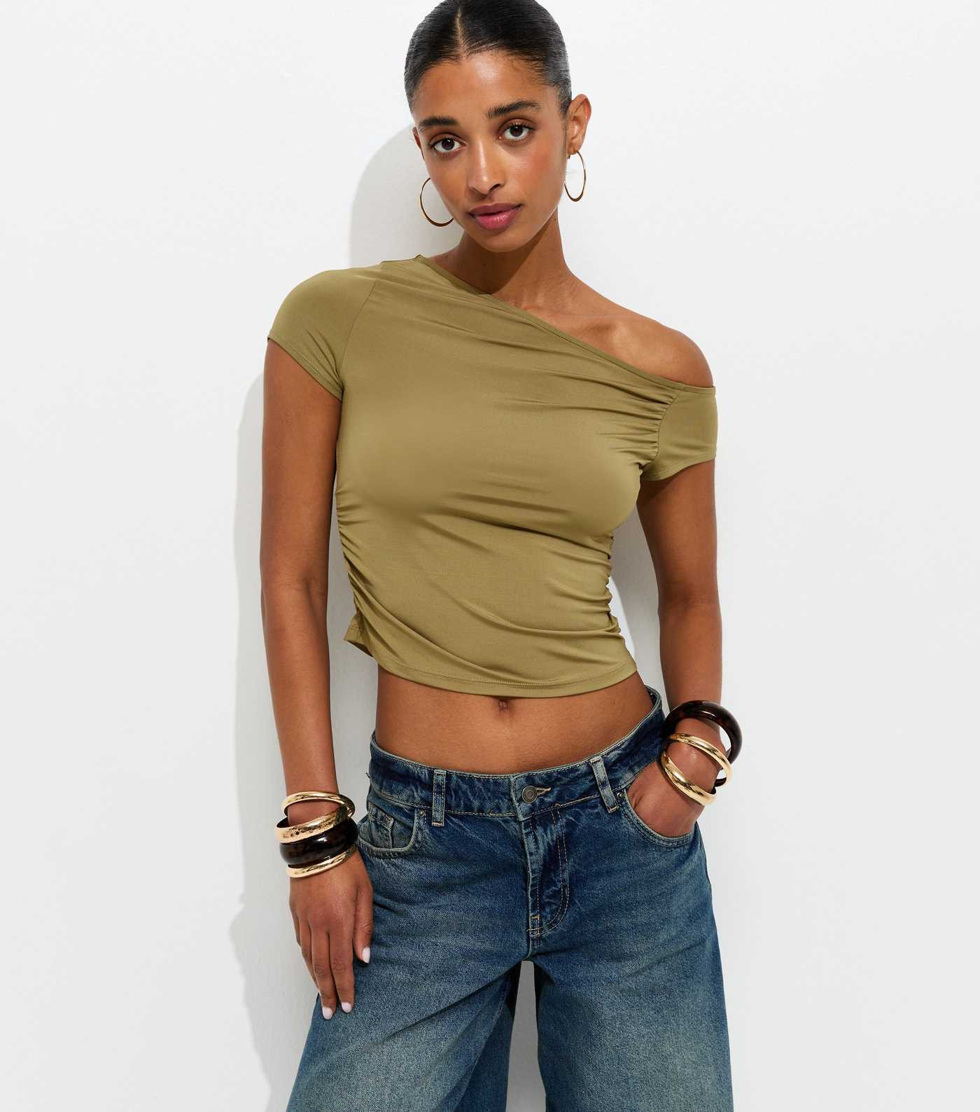 Light Khaki Off Shoulder Gathered Side Top | New Look | New Look (UK)