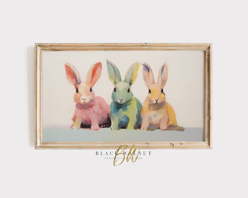 Frame TV Art Easter Pastel Set of 4, Modern Abstract Bunny Rabbit Spring Wildflowers Painting for... | Etsy (US)