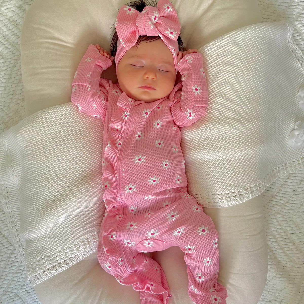 Organic Waffle 2-Way Zip Ruffle Footie, Pink Flower | SpearmintLOVE