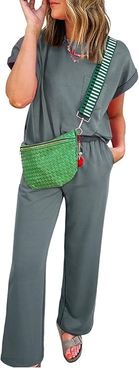 SHEWIN Two 2 Piece Sets Outfits for Women Short Sleeve Shirts and Drawstring Wide Leg Pants with ... | Amazon (US)