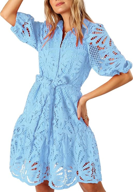 Women's Summer Hollow Out Lace Mini Dress Lantern Sleeve Lapel Button Ruffle Casual Beach Party D... | Amazon (US)