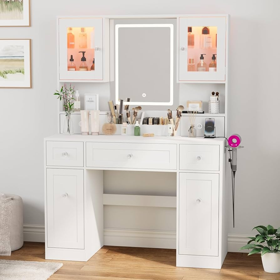 VOWNER RGB Vanity Desk with Lighted Mirror, Power Outlet, Makeup Vanity with Drawers, 2 RGB Cabin... | Amazon (US)