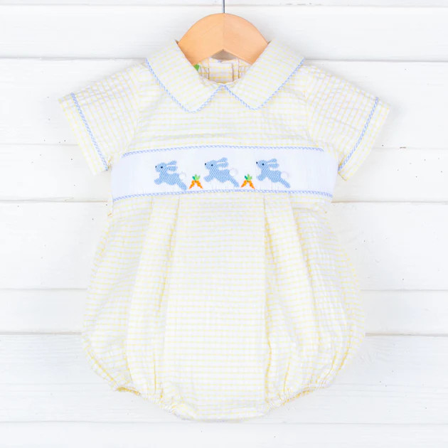 Hoppy Bunnies Yellow Windowpane Boy Bubble | Classic Whimsy
