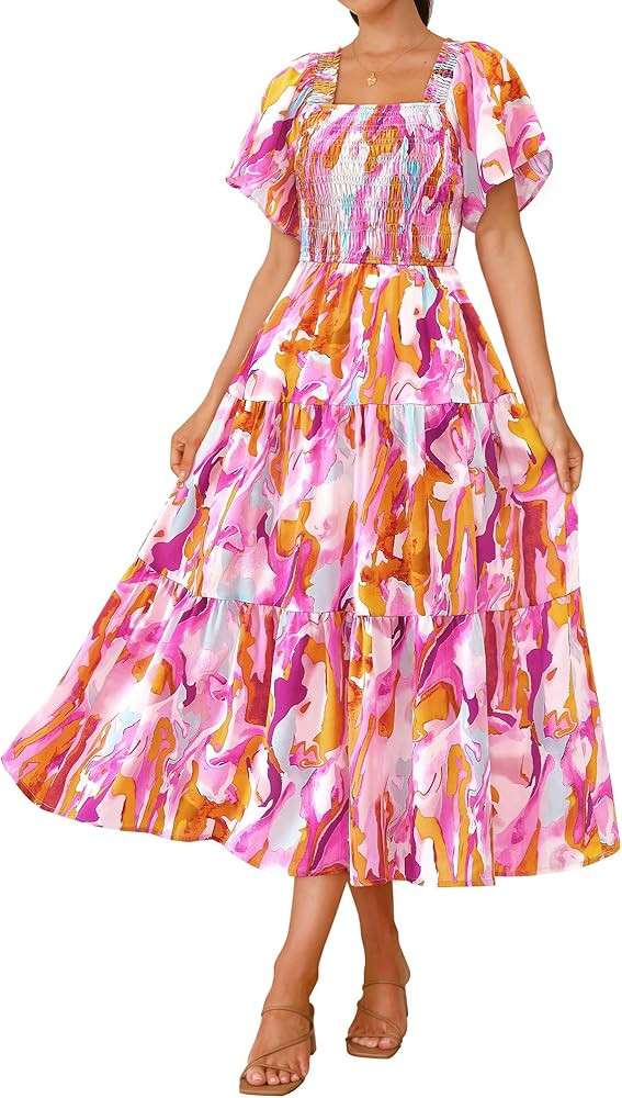 BTFBM Summer Floral Dress for Women 2025 Spring Boho Short Sleeve Square Neck Smocked Flowy Maxi ... | Amazon (US)