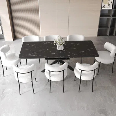 Adjustable Dining Table With 8 Padded Chairs, Black Metal Legs, Modern Decor Extendable And 6 For Everyday Meals | Wayfair North America