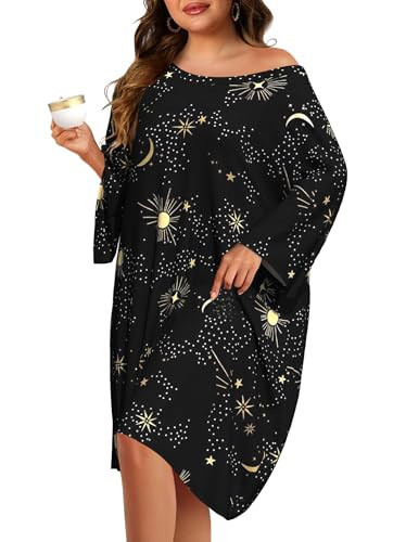 FLYCURVY Plus Size Nightgowns for Women Oversized Nightshirt Short Sleeve Loungewear Moomoo Dress with Pocket Black | Amazon (US)