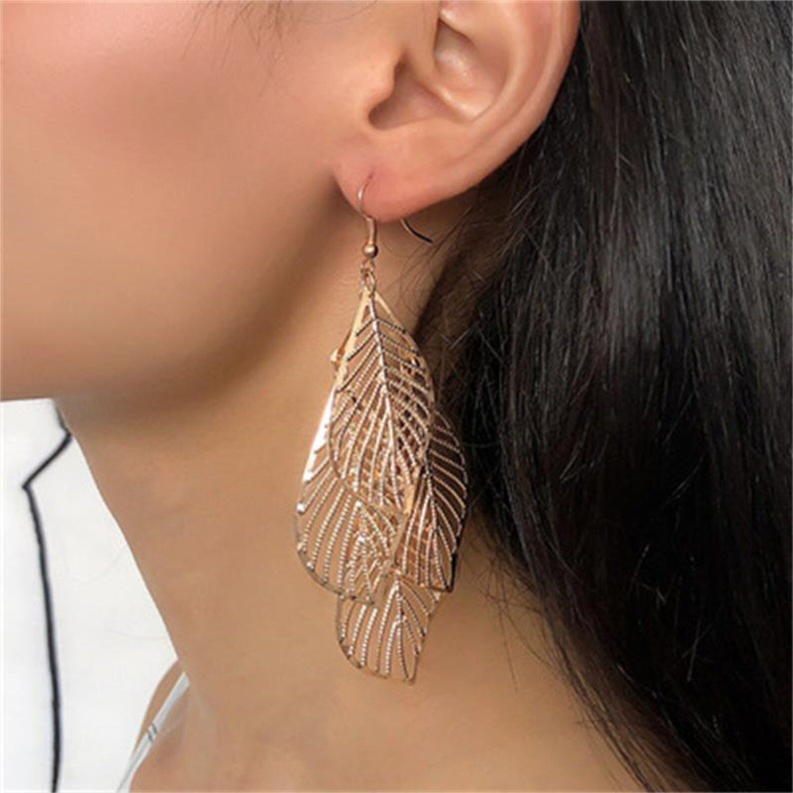 Multi-layered Big Leaf Drop Earrings, Gold Line, Dangle Earrings, Bohemian Style, Summer Jewelry,... | Etsy (AU)