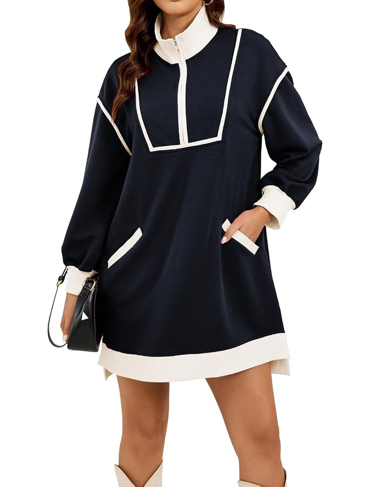 Womens Long Sleeve Sweatshirt Dress Oversized Half Zip Fall Loose Fit Casual Dress with Pockets | Amazon (US)