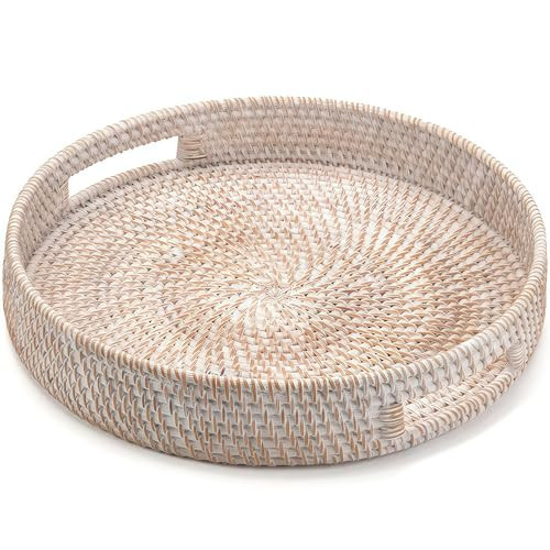 11.8" Round Rattan Tray, Hand Woven Serving Tray with Handles, Wicker Serving Basket, Decorative Tray for Home Decor, Whitewash | Amazon (US)