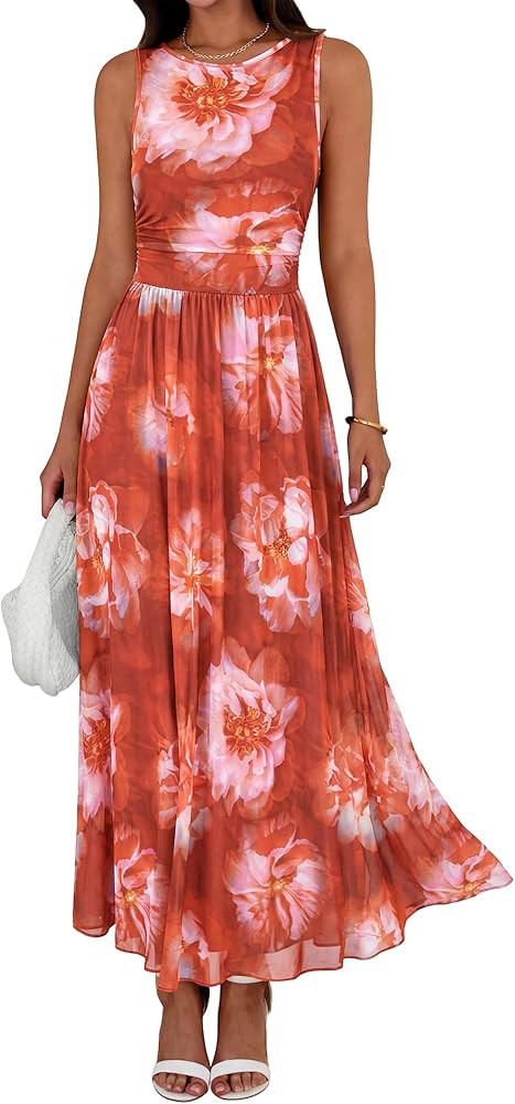 BTFBM Summer Dresses for Women 2026 Floral Maxi Dress Sleeveless Mesh Flowy Long Sundress Beach V... | Amazon (US)