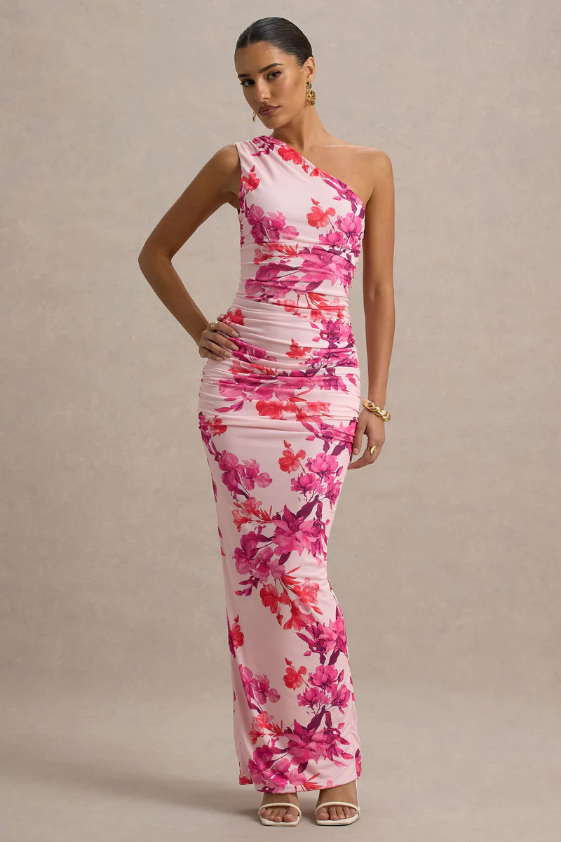 Dalarie  Pink and Orange Floral Print One-Shoulder Gathered Maxi Dress | Club L London