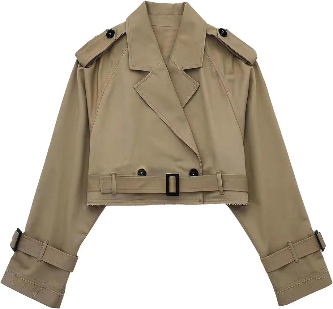 Xiaoxuemeng Womens Cropped Bike Jacket Casual Double Breasted Trench Coat with Belt | Amazon (US)