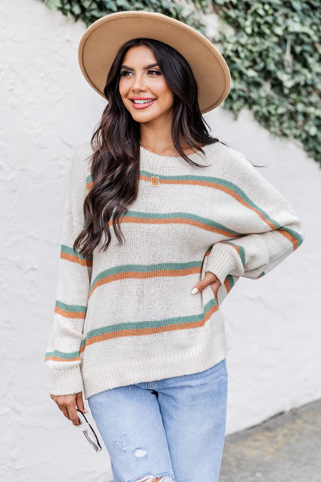 Best Day Ever Beige Striped Sweater  FINAL SALE | Pink Lily