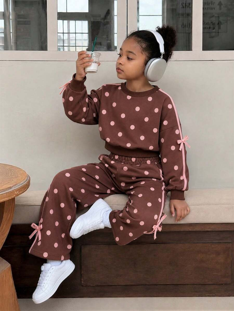 Elladie kids Young Girls Bow Polka Dot Hoodie & Sweatshirt Co-Ords, Y2k, Cute Tops, Streetwear, Trousers, Long Sleeve Tops, Fall, Autumn, Winter, Back To School | SHEIN