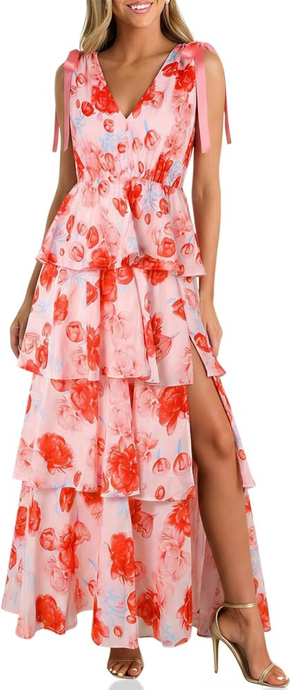 Wenrine Womens Summer Floral Maxi Dress Tie Strap Sleeveless V Neck High Slit Boho Ruffle Tiered ... | Amazon (US)
