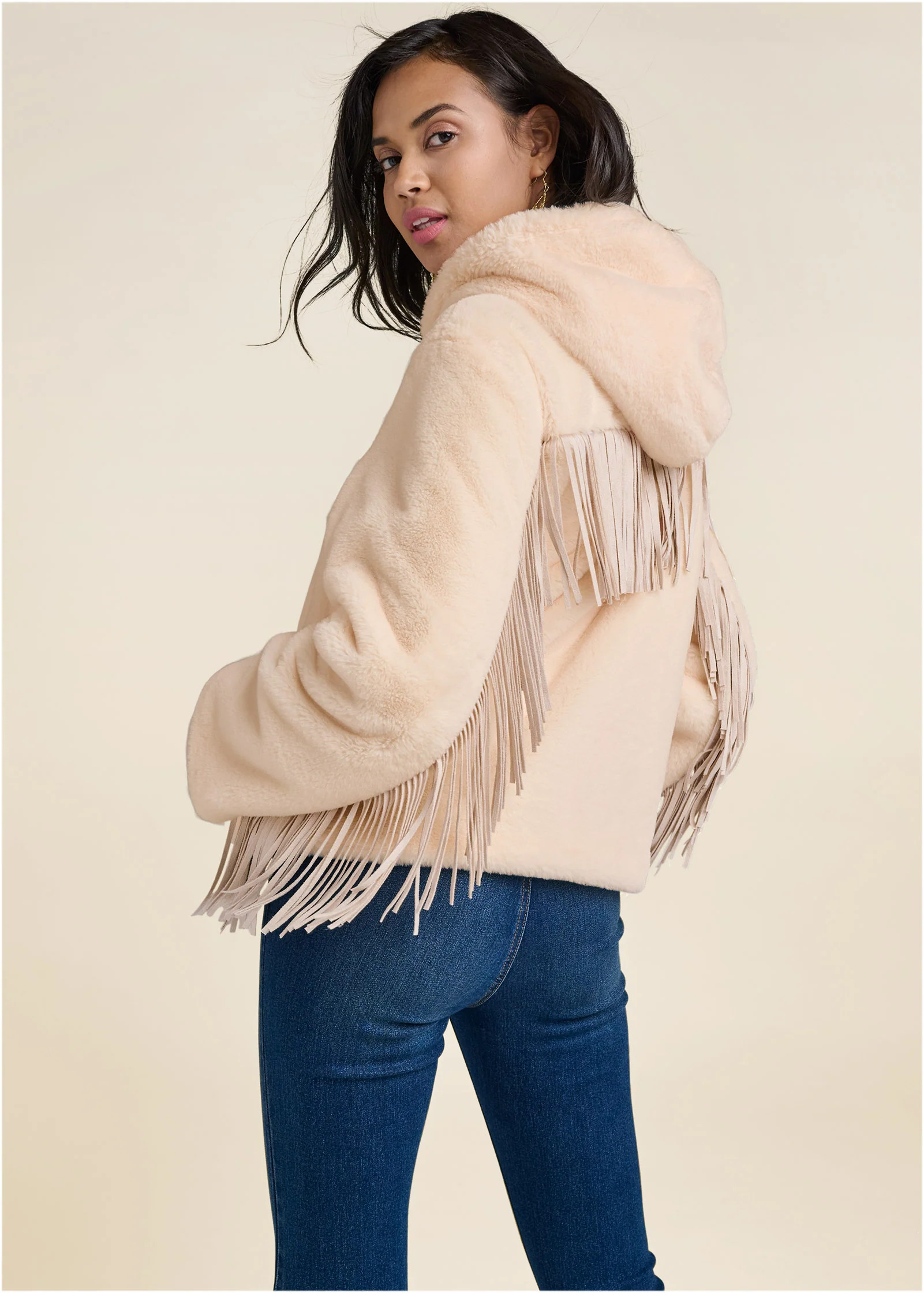 Faux fur bomber jacket with fringe detail - White | VENUS