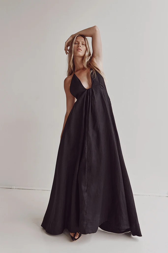 SICILY BLACK LINEN MAXI DRESS | DISSH