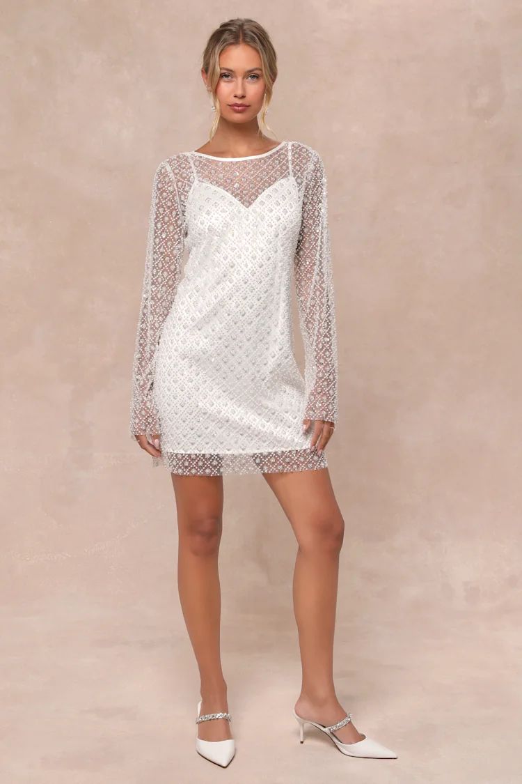 Glowing Charisma White Sequin Pearl Mesh Long Sleeve Mini Dress | Lulus