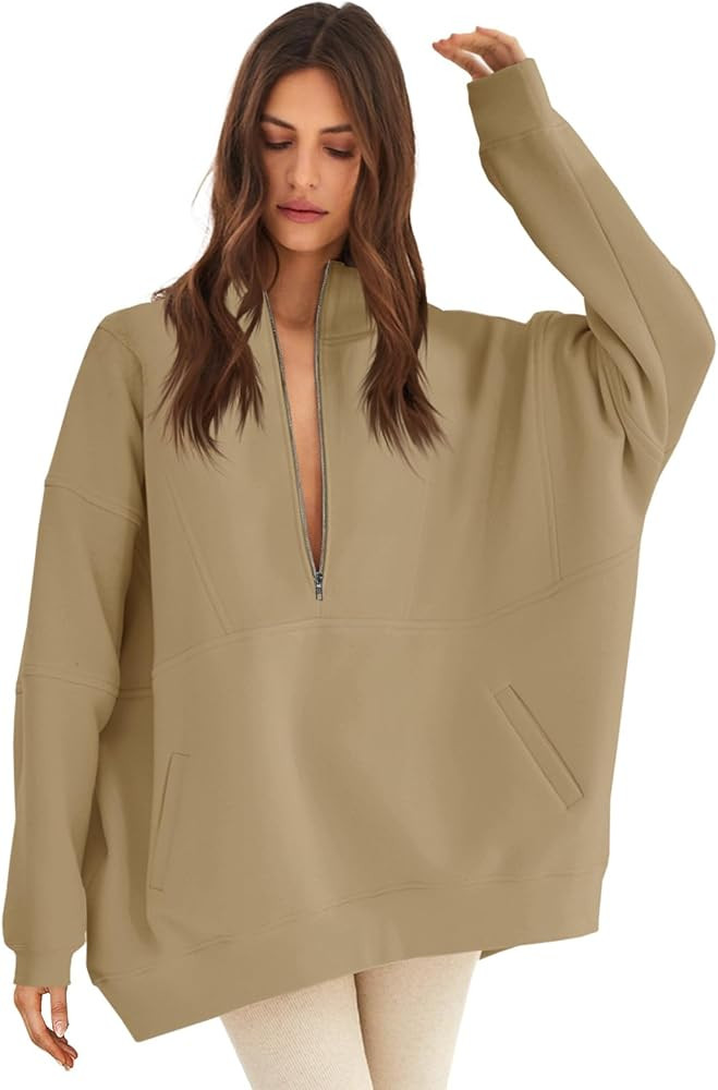 Fisoew Women's Oversized Sweatshirt Half Zip Warm Fleece Long Sleeve Deep V Neck Casual Pullovers... | Amazon (US)