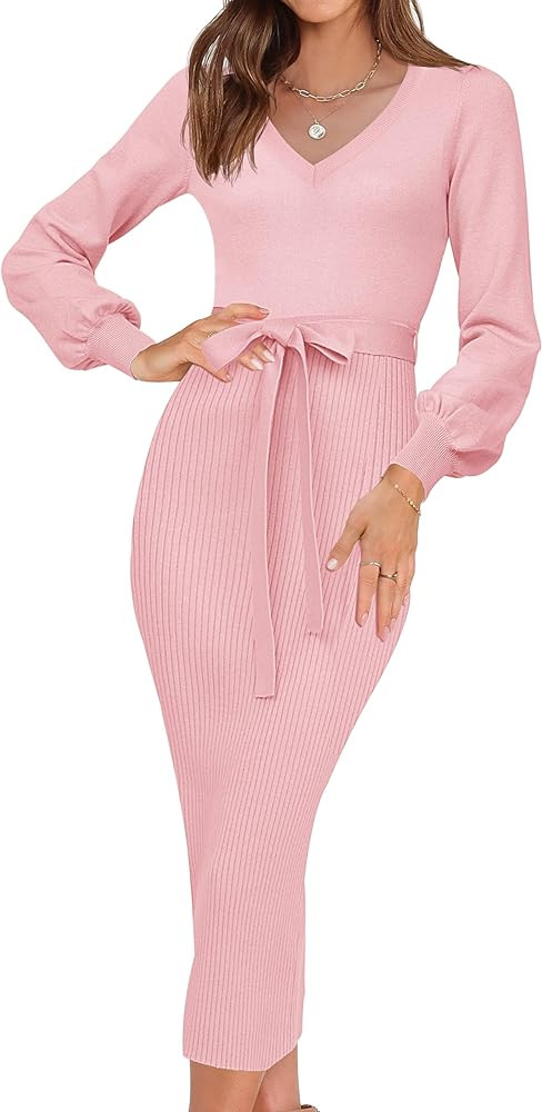 HAEOF Womens 2024 Fall & Winter Sweater Dress Elegant Ribbed Knit V Neck Long Puff Sleeve Bodycon... | Amazon (US)