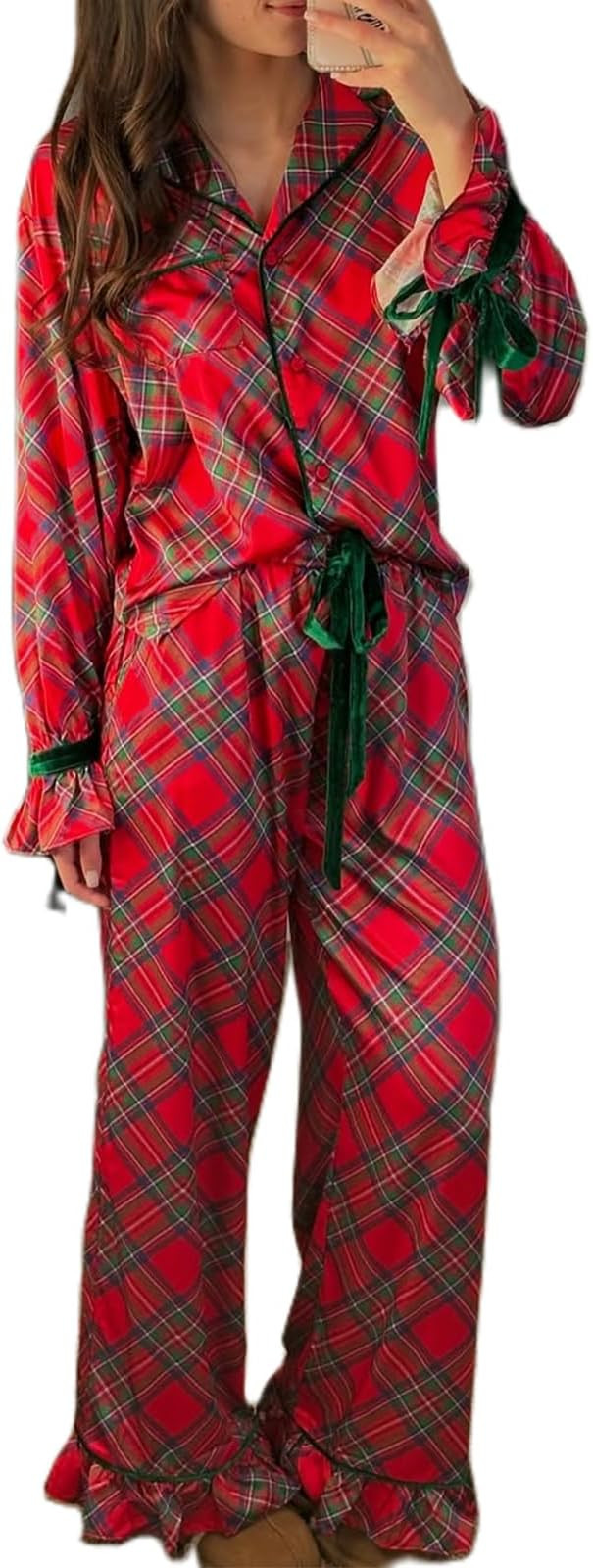 Muineobuka Christmas Pajamas for Women Silk Satin Plaid Shirt and Ruffle Pants Pjs Set Santa Bow ... | Amazon (US)