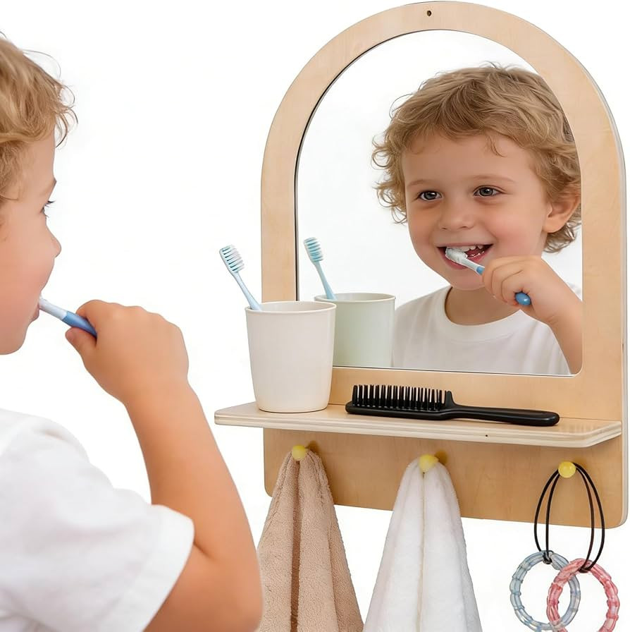 Montessori Wooden and Acrylic Mirror for Toddlers, Wall Mount Mirror with Hooks & Shelf\u2014Shat... | Amazon (US)