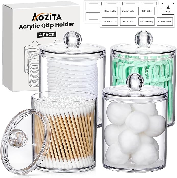 4 Pack Acrylic Qtip Holder Dispenser for Cotton Swabs, Balls, Pads, Floss Picks- Small Clear Acry... | Amazon (US)