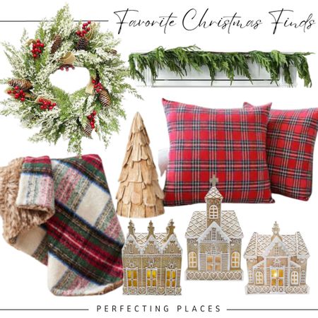 These Christmas decor favorites are perfect for a classic home. Flocked Christmas wreath with red berries, Norfolk Pine Garland, tartan plaid pillow covers, plaid and fur throw, Pottery Barn, At Home gingerbread houses

#LTKSeasonal #LTKHoliday #LTKhome