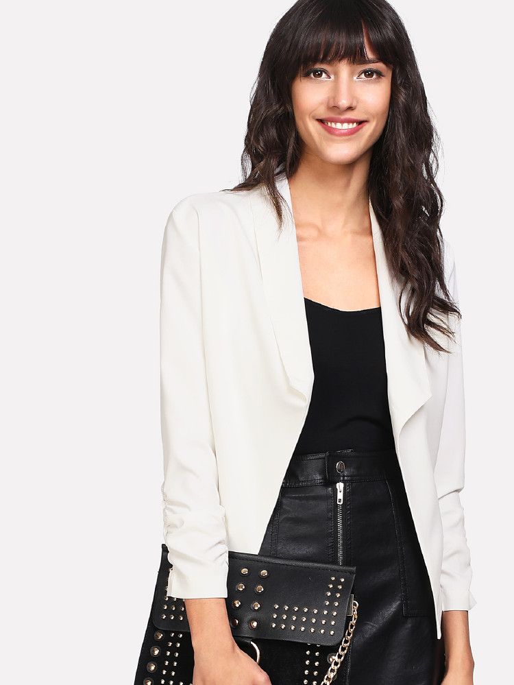 Shirred Sleeve Pointed Hem Crop Blazer | SHEIN