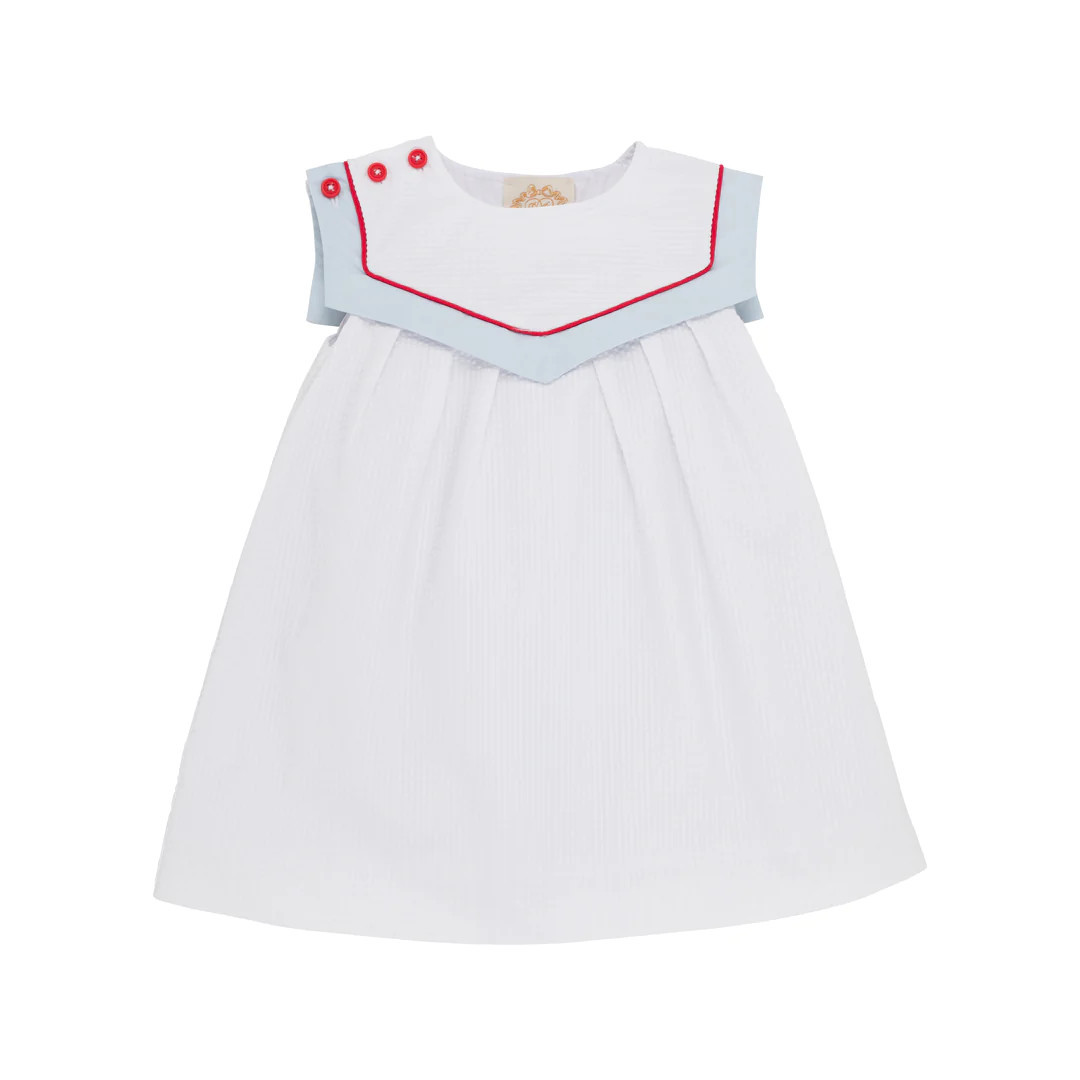 Sarah Sailboat Dress - Worth Avenue White Seersucker with Buckhead Blue and Richmond Red | The Beaufort Bonnet Company