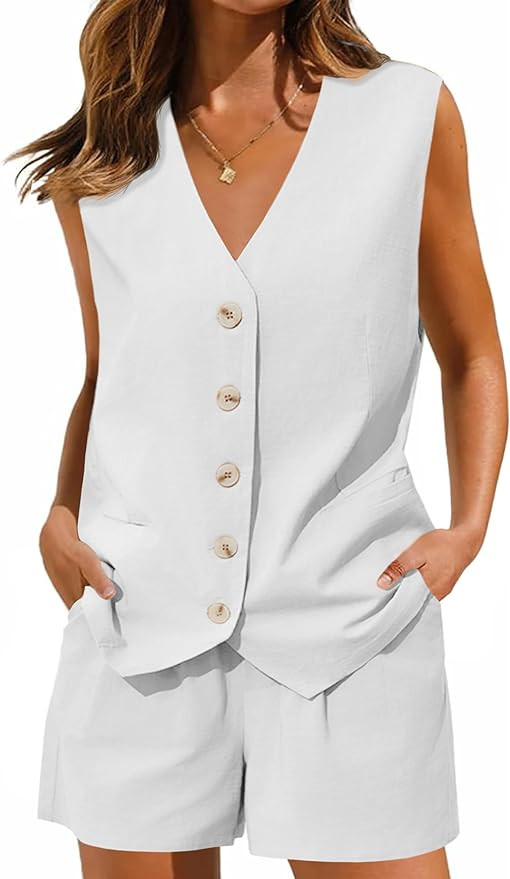 Cicy Bell Womens Summer Blazer Vest 2 Piece Sets V Neck Sleeveless Button Down Waistcoat and High... | Amazon (US)