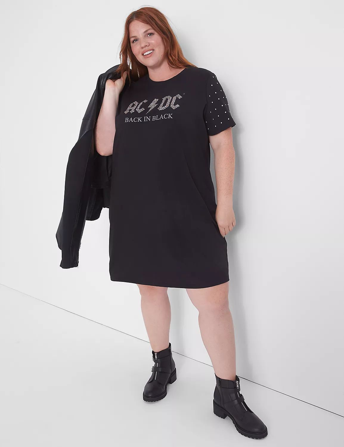 Short-Sleeve Crew-Neck ACDC Studded Graphic T-Shirt Dress | LaneBryant | Lane Bryant (US)