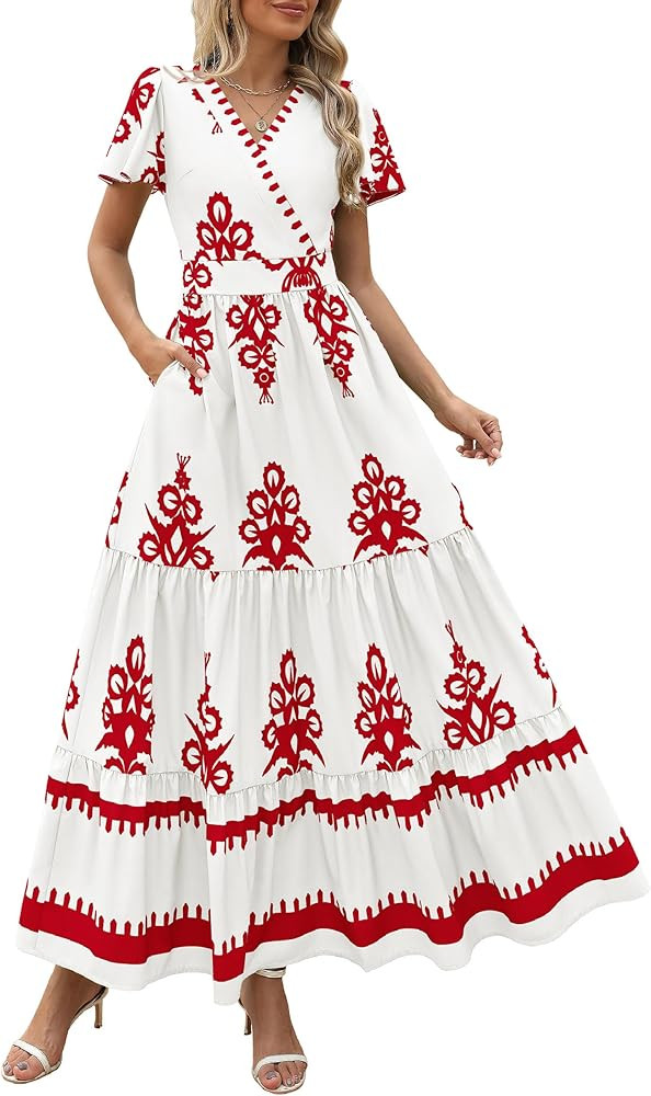 PRETTYGARDEN Womens 2026 Summer Casual V Neck Boho Maxi Dress Flowy Aline Bell Sleeve Tiered Flor... | Amazon (US)
