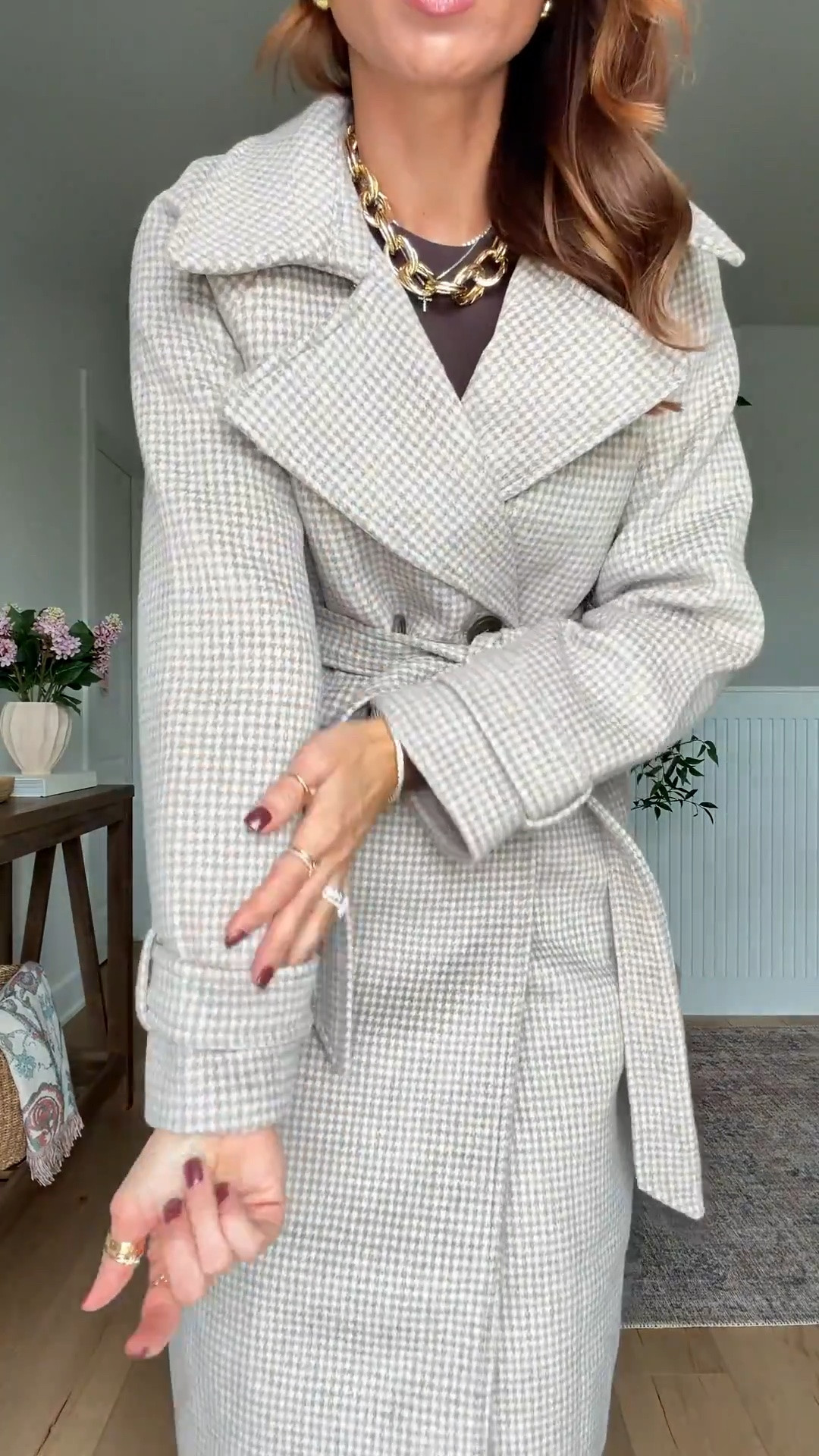 Code AFLTK. I love this wool-blend houndstooth coat in XXS petite. Fall outfit. Winter outfit. Elevated casual outfit. Everyday outfit. Mom outfit.