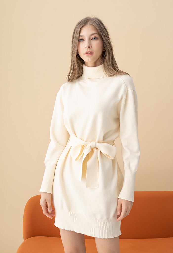 Turtleneck Self-Tie Waist Sweater Dress in Cream | Chicwish